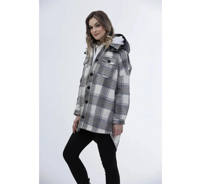 Ecru/sivá dámska károvaná košeľová bunda (AG3-1813) Ecru/sivá dámska károvaná košeľová bunda (AG3-1813)