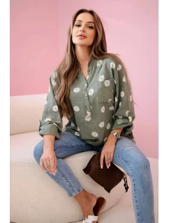 model 21911562 dámská halenka s květinovým vzorem, dlouhými rukávy a knoflíky khaki - K-Fashion