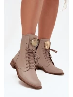 Skórzane Botki Damskie Na Płaskim Obcasie Ze Złotym Detalem Zazoo 3084 Beżowe