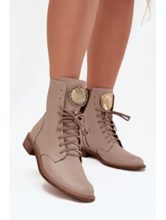Skórzane Botki Damskie Na Płaskim Obcasie Ze Złotym Detalem Zazoo 3084 Beżowe