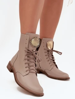 Skórzane Botki Damskie Na Płaskim Obcasie Ze Złotym Detalem Zazoo 3084 Beżowe