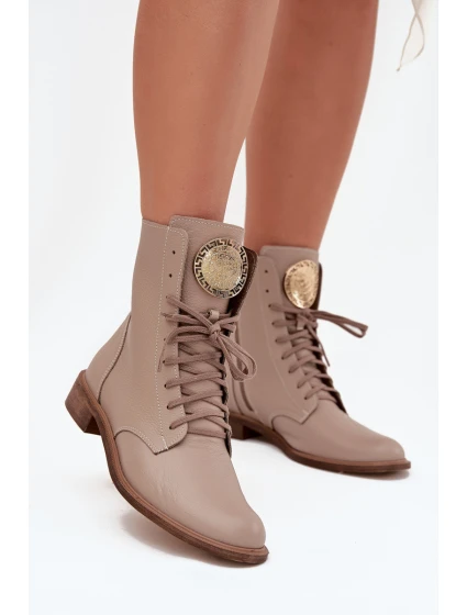 Skórzane Botki Damskie Na Płaskim Obcasie Ze Złotym Detalem Zazoo 3084 Beżowe