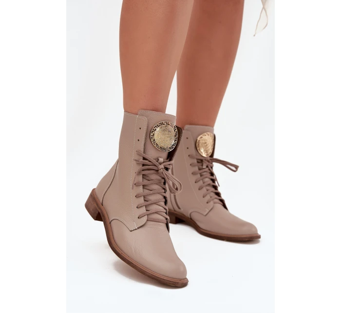 Skórzane Botki Damskie Na Płaskim Obcasie Ze Złotym Detalem Zazoo 3084 Beżowe