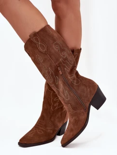 Semišové dámske kovbojské čižmy Karira na podpätku - ťava