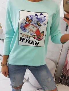 Blúzka s 3D grafikou hodiniek v mätovej farbe