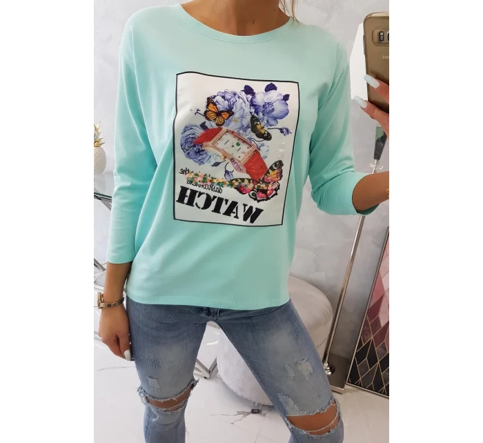 Halenka s 3D grafikou model 18743972 v mátové barvě - K-Fashion Halenka s 3D grafikou model 18743972 v mátové barvě - K-Fashion