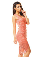 Spoločenské a plesové šaty MAYAADI krajkové s asymetrickou sukňou lososovej - Ružová / XL - MAYAADI