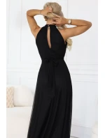 Elegantní maxi večerní šaty na ramínka s a zavazováním v pase černé model 21961746 - numoco basic