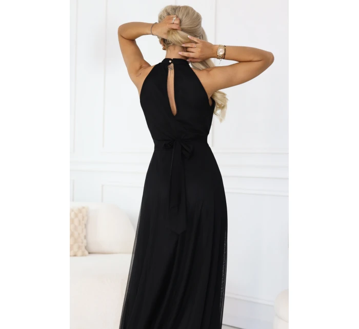 Elegantní maxi večerní šaty na ramínka s a zavazováním v pase černé model 21961746 - numoco basic