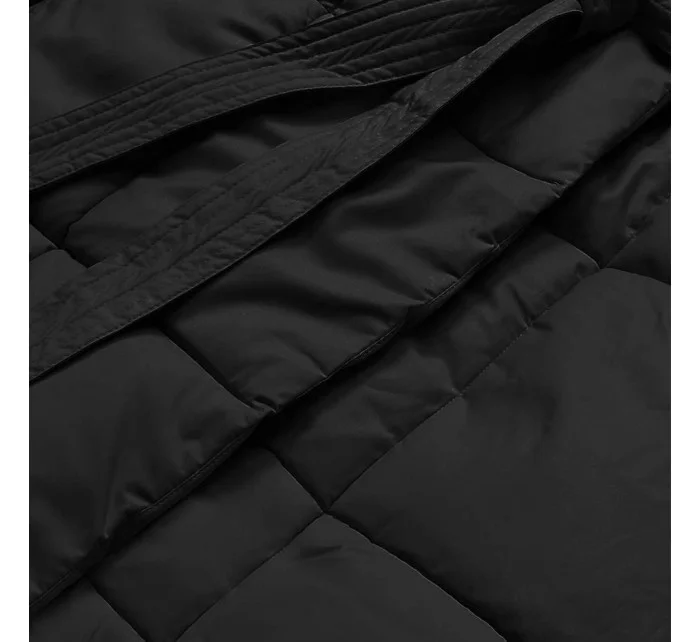 Čierny dámsky zimný kabát s opaskom (2M-061)