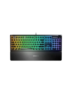 SteelSeries Apex 3 Gaming Keyboard, US Layout, Wired, Black SteelSeries Apex 3 Gaming Keyboard Vodotesná IP32 pre ochranu proti poliatiu, prispôsobiteľné 10-zónové RGB osvetlenie reaguje na hry a Discord, tiché herné spínače vydržia dlho