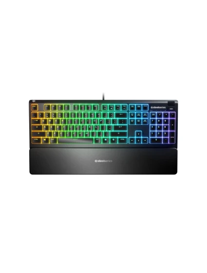SteelSeries Apex 3 Gaming Keyboard, US Layout, Wired, Black SteelSeries Apex 3 Gaming Keyboard Vodotesná IP32 pre ochranu proti poliatiu, prispôsobiteľné 10-zónové RGB osvetlenie reaguje na hry a Discord, tiché herné spínače vydržia dlho