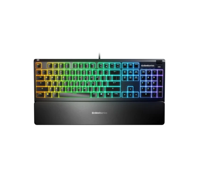 SteelSeries Apex 3 Gaming Keyboard, US Layout, Wired, Black SteelSeries Apex 3 Gaming Keyboard Vodotesná IP32 pre ochranu proti poliatiu, prispôsobiteľné 10-zónové RGB osvetlenie reaguje na hry a Discord, tiché herné spínače vydržia dlho