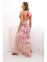 Dámské viskózové šaty na ramínka s hlubokým výstřihem a volánem fialka