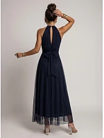 Elegantní maxi večerní šaty na ramínka s a zavazováním v pase tmavě modré model 22210933 - numoco basic