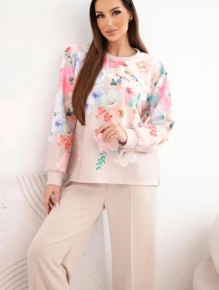 Dámský viskózový komplet s úpravou v vzoru se širokými nohavicemi béžový model 22014241 - K-Fashion