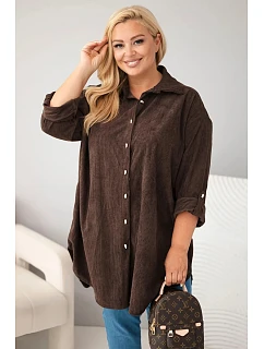 Dámska košeľa Plus Size z viskózového manšestru s odnímateľnými rukávmi, hnedá