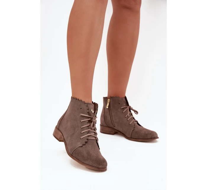 Zazoo 2964 Zamszowe Botki Na Płaskim Obcasie Ciemnobeżowe