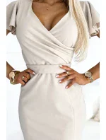 NINA Béžové dámské šaty s přeloženým obálkovým výstřihem, a páskem model 19639807 - numoco