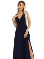 634-1 MIRA elegantné maxi šaty s obálkovým výstrihom a rozparkom na nohách - tmavomodré