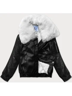 Čierno-biela kožená bunda s veľkým kožušinovým golierom Glakate (LU98090#)