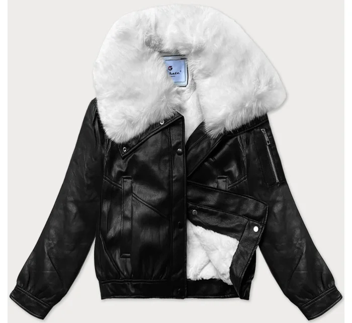 Kožená bunda s veľkým kožušinovým golierom Glakate black and white (LU98090#)
