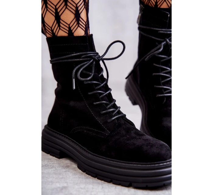 Damskie Zamszowe Botki Wiązane Czarne Afra Damskie Zamszowe Botki Wiązane Czarne Afra