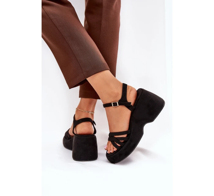 Sandały Na Platformie I Koturnie Z Eko Zamszu Czarne Nendal Sandały Na Platformie I Koturnie Z Eko Zamszu Czarne Nendal