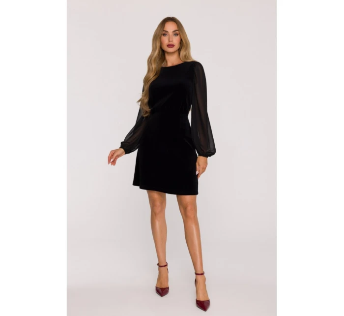 M886 Zamatové šaty so šifónovými rukávmi - čierne