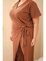 Dámský bavlněný overal Plus Size se zavazováním v pase velbloudí