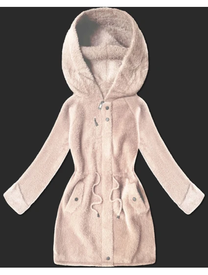 Vlněná bunda typu alpaka v lososové barvě s kapucí model 21482435 - MHM