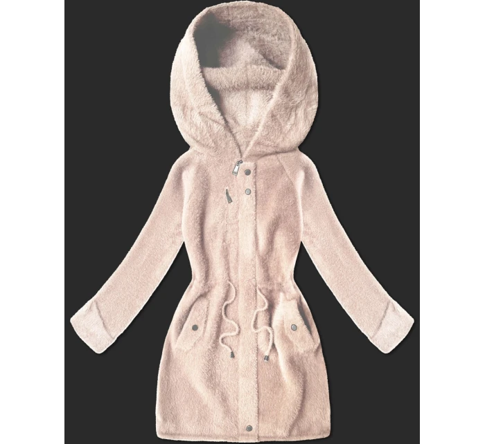 Vlněná bunda typu alpaka v lososové barvě s kapucí model 21482435 - MHM
