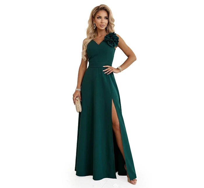 maxi šaty s květinou na a rozparkem lahvově zelené model 22108491 - numoco