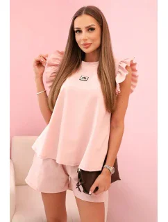 Dámský komplet s volánem – halenka s krátkým rukávem a šortky s gumičkou tmavě pudrově růžová