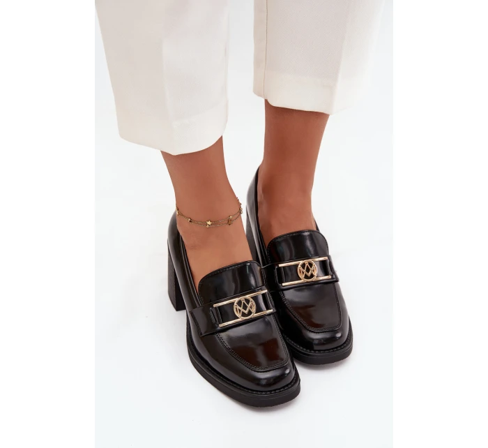 Półbuty Damskie Na Słupku Ze Złotym Detalem Czarne Privelle