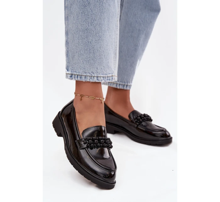 Mokasyny Damskie Lakierowane Z Koralikami S.Barski HY52-541 Czarne