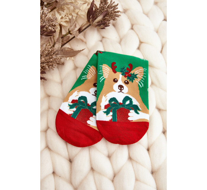 Dámske vianočné ponožky so psom, zelené