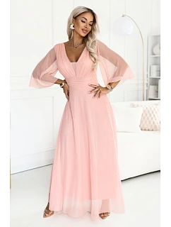 Dlouhé lesklé šaty s výstřihem a rukávy – broskvová barva model 22284632 - numoco basic