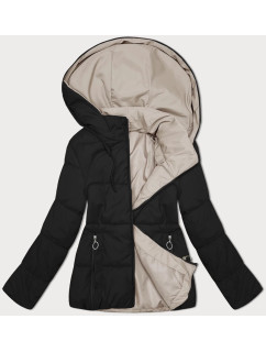Čierno-béžová obojstranná dámska krátka bunda s kapucňou (16M2155-62)