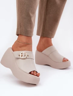 Skórzane Klapki Damskie Na Platformie I Koturnie Z Klamrą S.Barski LR51-542 Beżowe