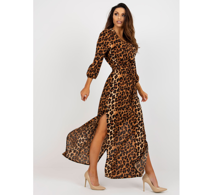 Svetlohnedé a čierne midi šaty s leopardím vzorom a viazankou
