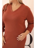 Dámske Plus veľkosť maslo V-neck šaty s rukávmi Brown