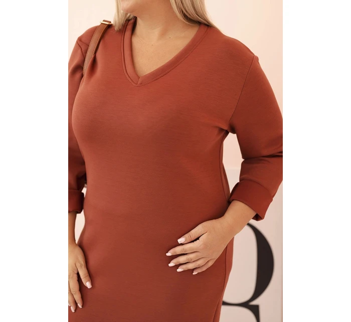 Dámske Plus veľkosť maslo V-neck šaty s rukávmi Brown