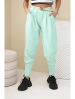 Dámske bavlnené nohavice s vysokým pásom a mätovým opaskom