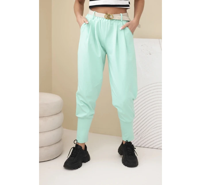 Dámske bavlnené nohavice s vysokým pásom a mätovým opaskom