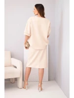 Dámsky maslový set s blúzkou a midi sukňou béžovej farby