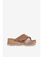 Klapki Damskie Na Koturnie Z Ozdobną Klamrą Inblu RV000012 Brązowe