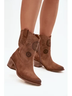 Zamszowe Skórzane Botki Damskie Ażurowe Na Obcasie Zazoo 3844 Brązowe