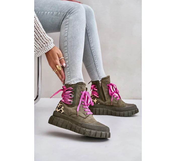 Dámske členkové topánky na platforme s ozdobným čipkovaným leopardím vzorom zelené Edidda Dámske členkové topánky na platforme s ozdobným čipkovaným leopardím vzorom zelené Edidda