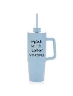 PRÁCE NEUTEČE, KÁVA VYSTYDNE! - světle modrý cestovní termohrnek s průhledným víčkem 900 ml